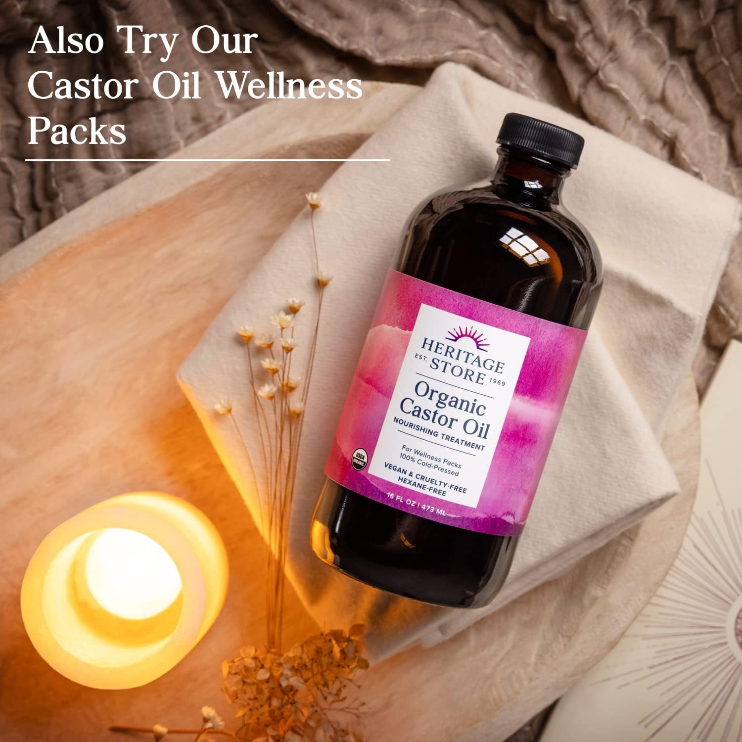 Organic Castor, Glass Bottle, Cold Pressed, Rich Hydration for Hair & Skin, Bold Lashes & Brows (473Ml)