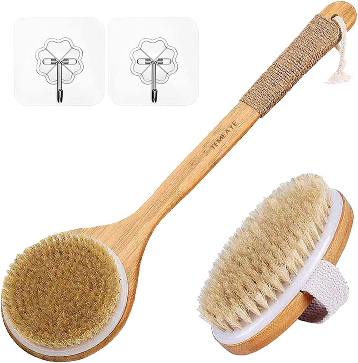 Bath Body Brush for Dry or Wet Brushing, Set of 2 with 2 Wall Hooks, Natural Bristle Hair Shower Back Brush, Exfoliation, Improve Lymphatic, Stimulate Blood Circulation, Eliminate Fat and Toxins