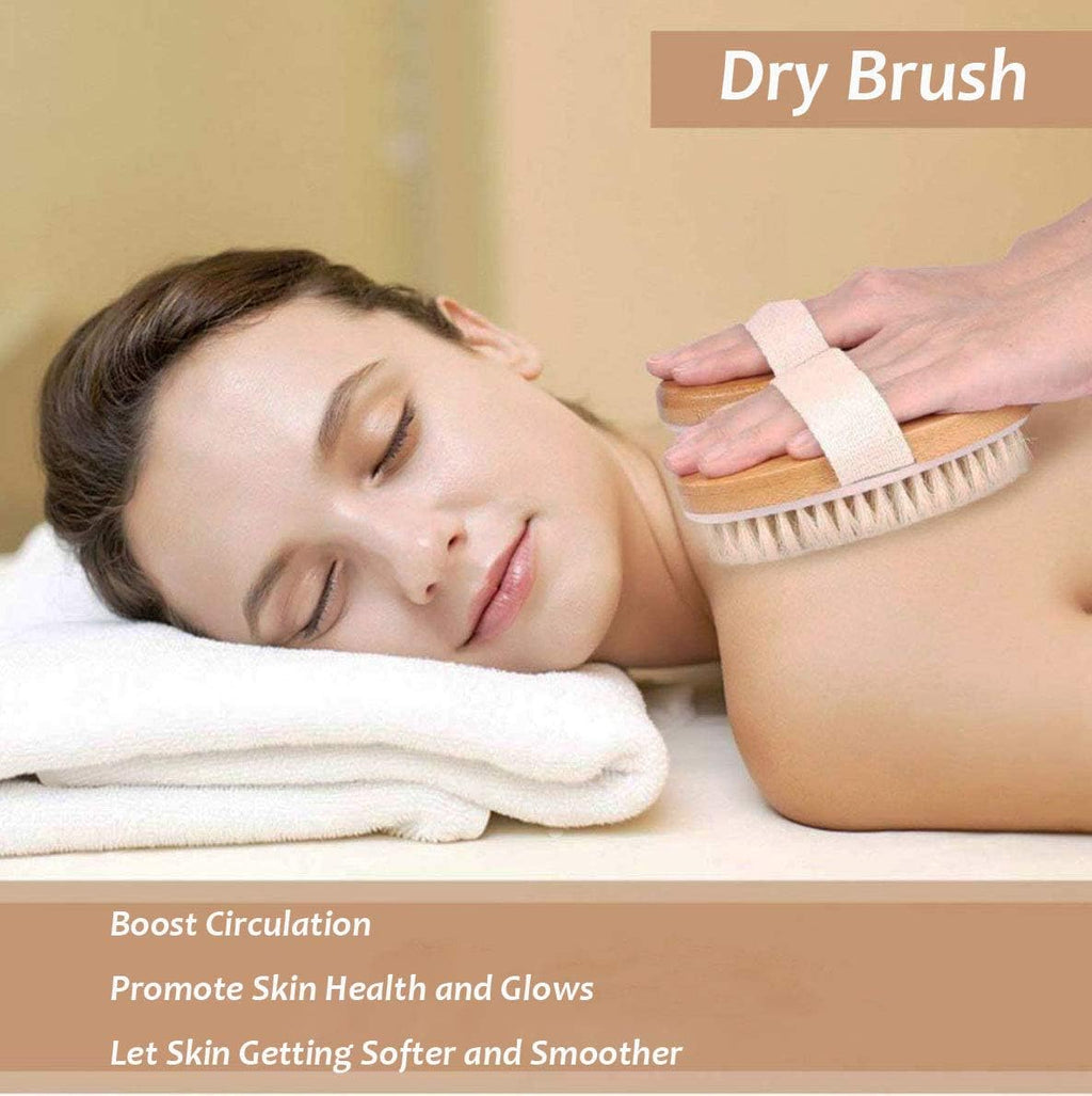Bath Body Brush for Dry or Wet Brushing, Set of 2 with 2 Wall Hooks, Natural Bristle Hair Shower Back Brush, Exfoliation, Improve Lymphatic, Stimulate Blood Circulation, Eliminate Fat and Toxins