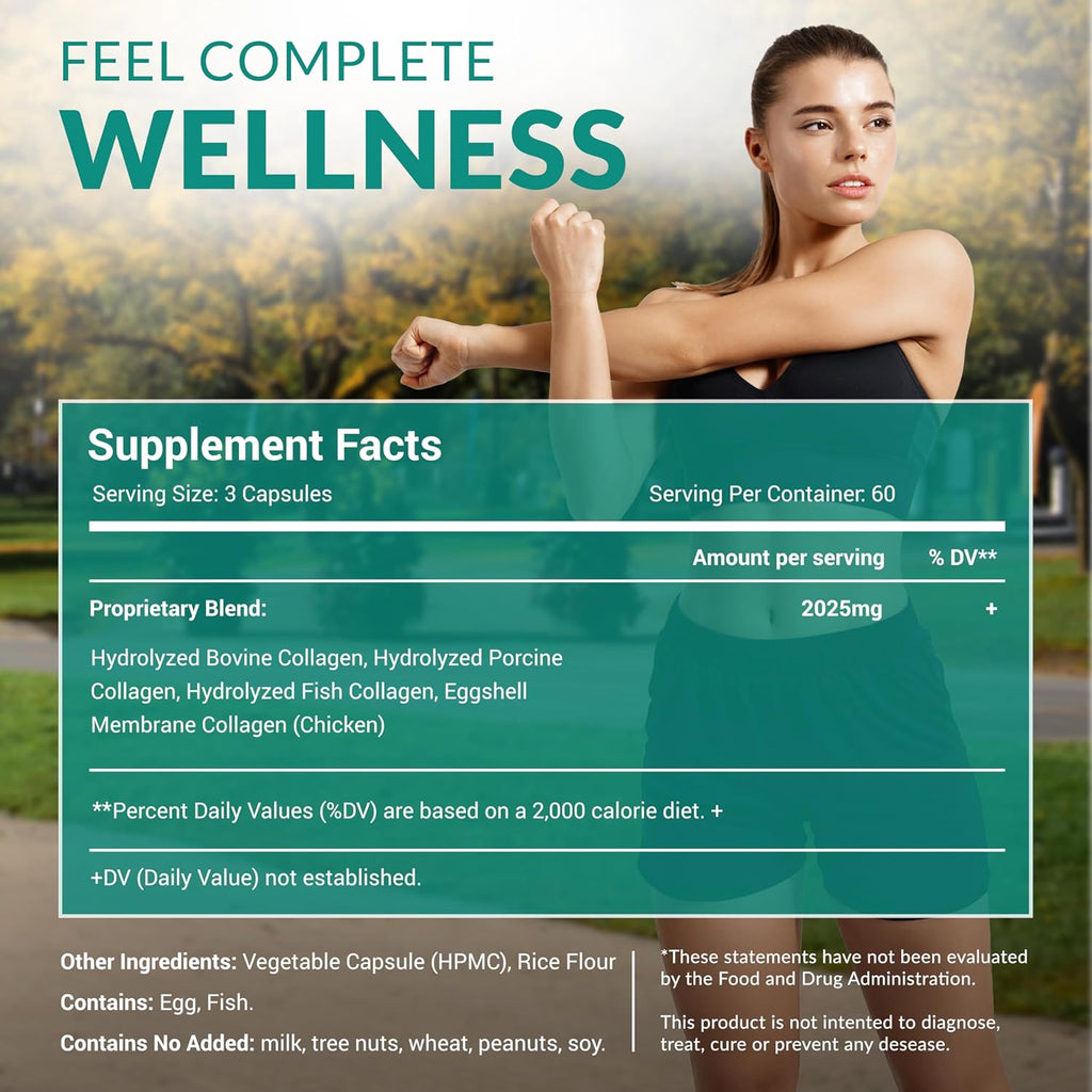Multi Collagen Protein Capsules - 180 Collagen Capsules - Type I, II, III, V, X Collagen Pills - Proprietary Blend of Eggshell, Chicken, Wild Fish & Grass-Fed Beef Collagen Peptides - 2025Mg per Serv