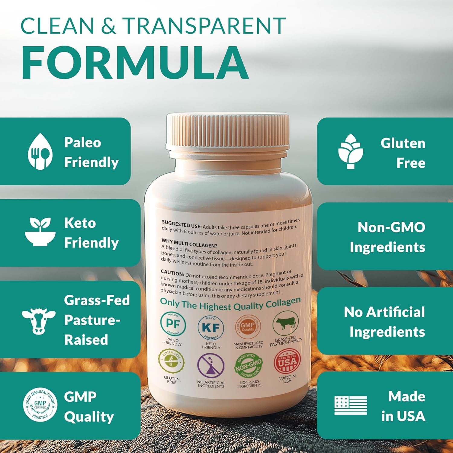 Multi Collagen Protein Capsules - 180 Collagen Capsules - Type I, II, III, V, X Collagen Pills - Proprietary Blend of Eggshell, Chicken, Wild Fish & Grass-Fed Beef Collagen Peptides - 2025Mg per Serv