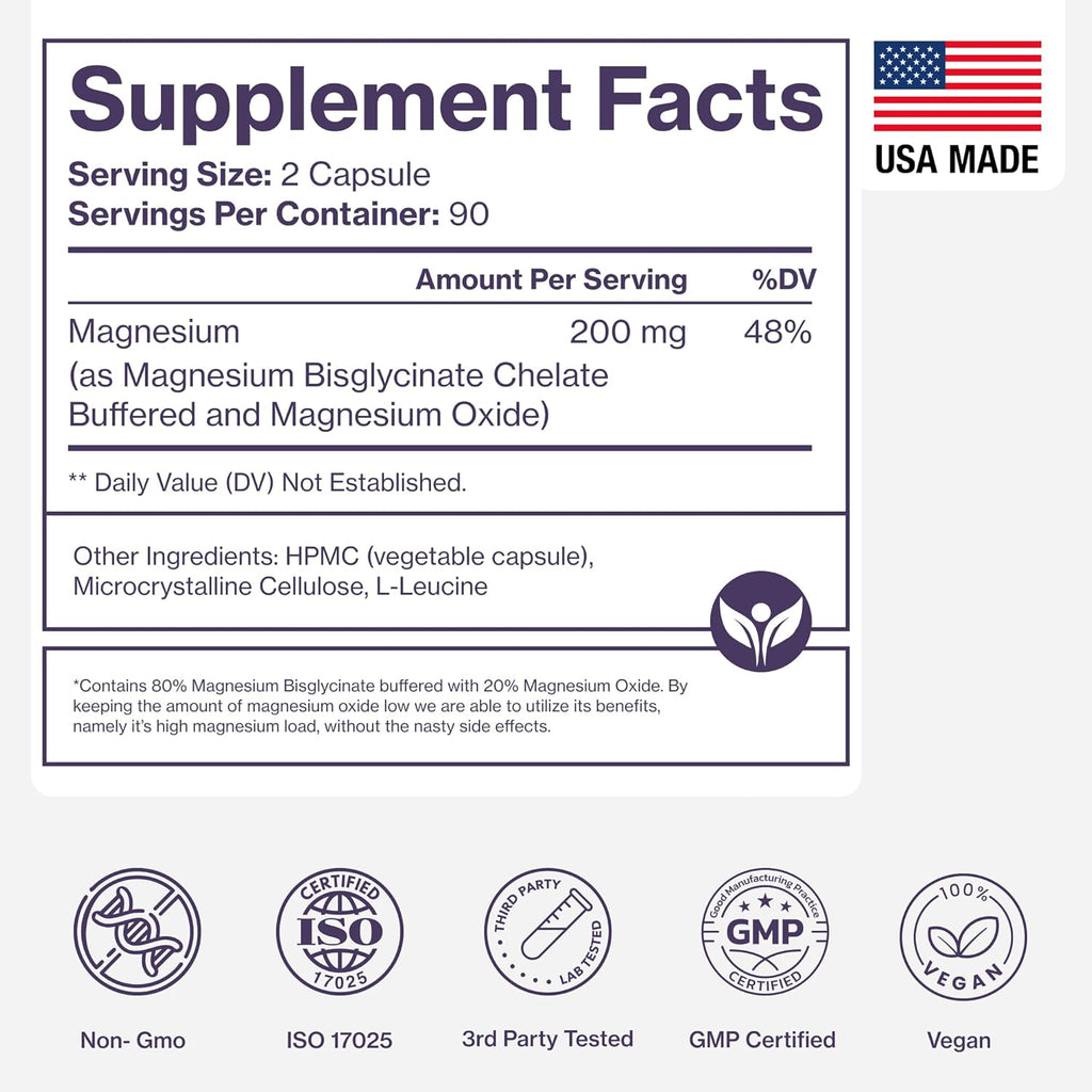 Magnesium Glycinate Supplement (Chelated) 200Mg, 180 Count