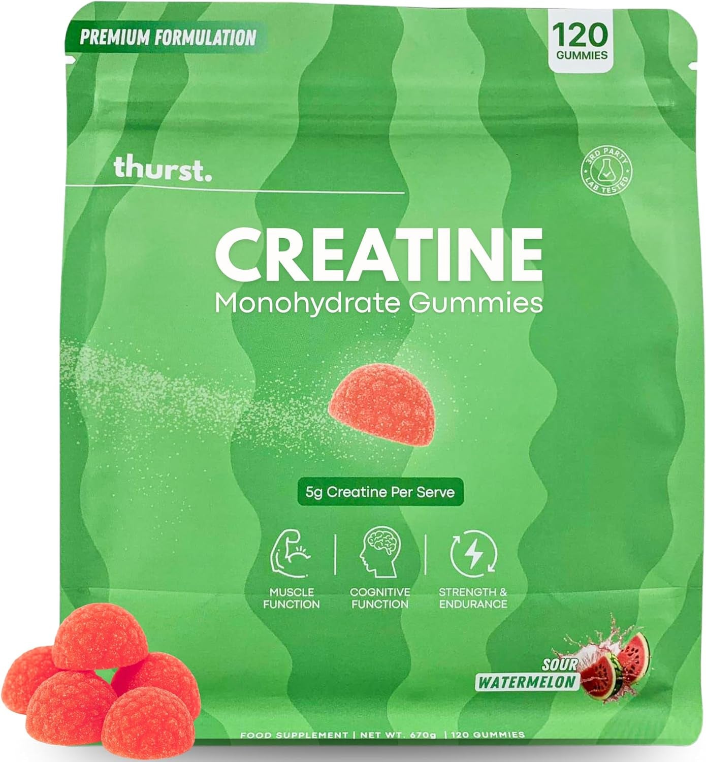 Creatine Monohydrate Gummies for Men & Women, 5G Creatine per Serving | Enhanced Muscle Growth, Strength, Focus and Recovery, Low Calorie, Sugar Free, No Artificial Colours - 120 Gummies (Sour Watermelon)