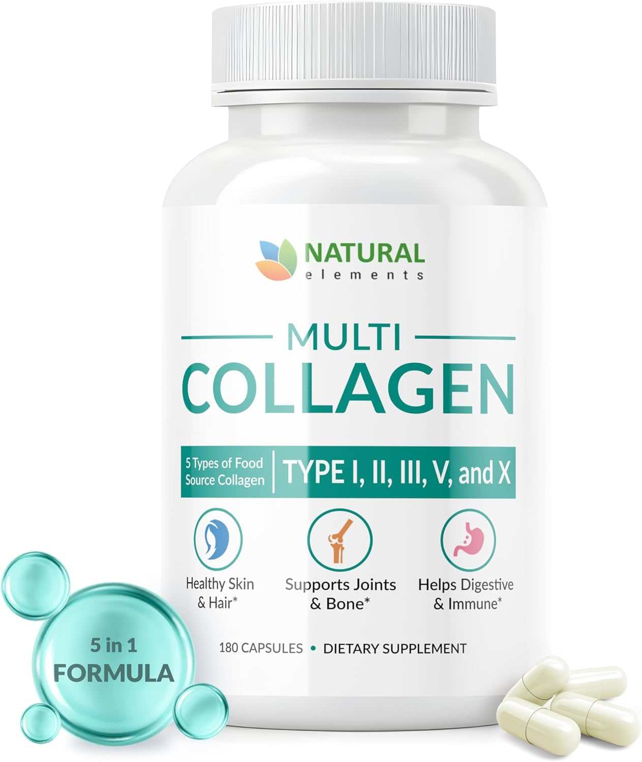 Multi Collagen Protein Capsules - 180 Collagen Capsules - Type I, II, III, V, X Collagen Pills - Proprietary Blend of Eggshell, Chicken, Wild Fish & Grass-Fed Beef Collagen Peptides - 2025Mg per Serv