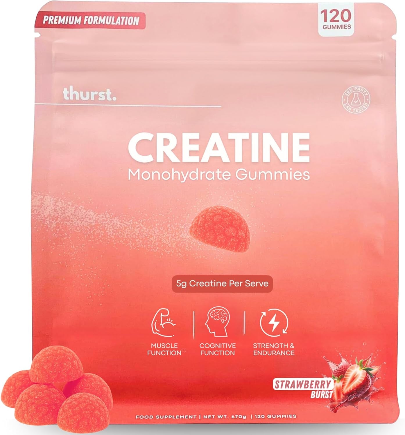 Creatine Monohydrate Gummies for Men & Women, 5G Creatine per Serving | Enhanced Muscle Growth, Strength, Focus and Recovery, Low Calorie, Sugar Free, No Artificial Colours - Strawberry Burst Flavour 120 Gummies