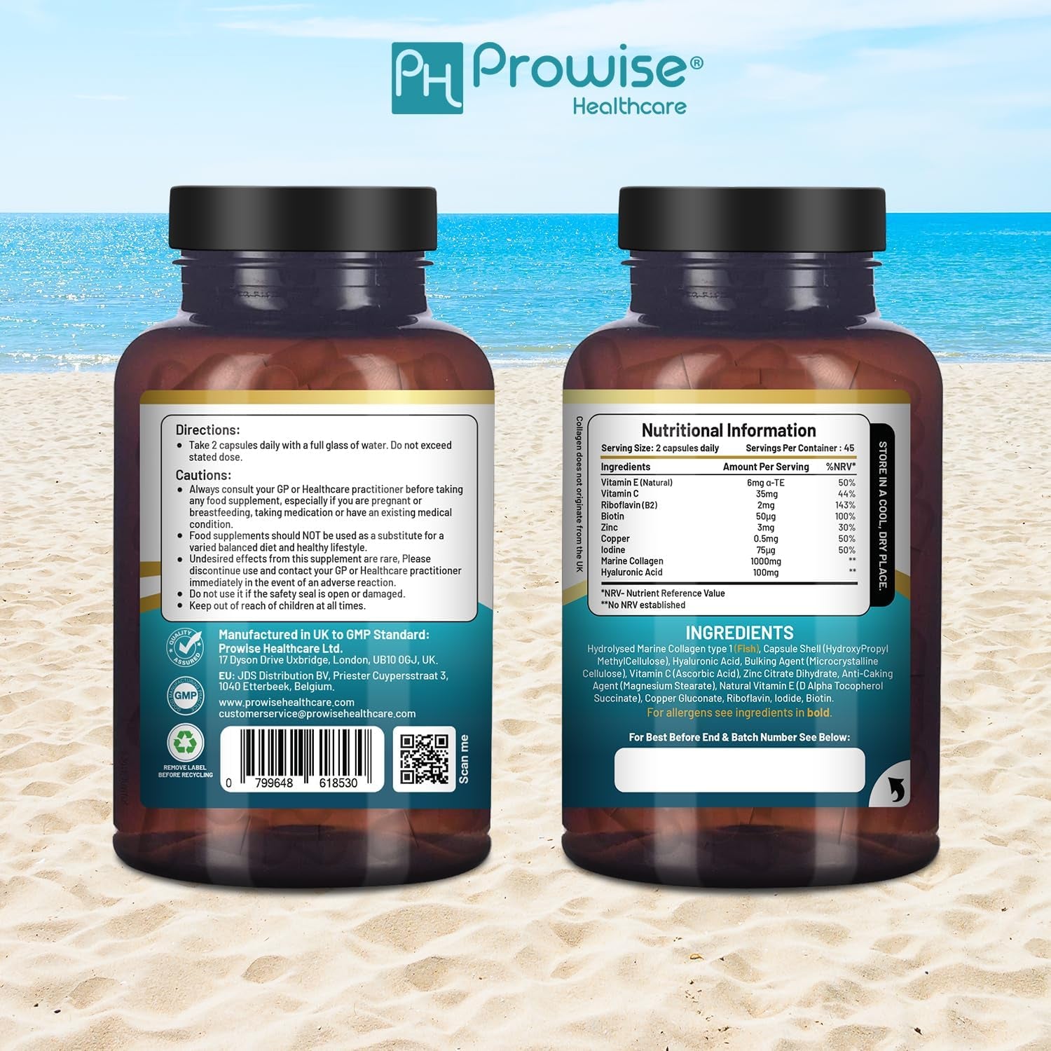 Marine Collagen with Hyaluronic Acid 1100Mg - 90 Capsules Boosted with Hyaluronic Acid, Vitamins C, E, B2, Biotin, Copper, Zinc and Iodine | for Women and Men | Made in the UK by Prowise Healthcare