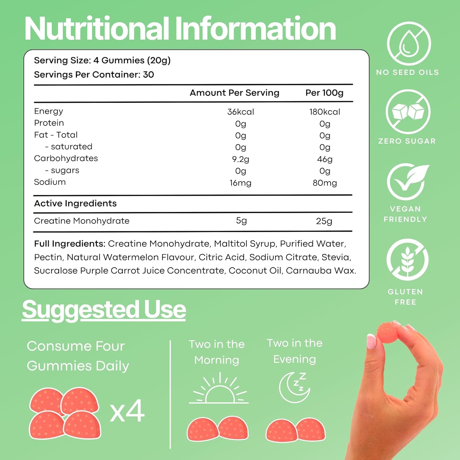 Creatine Monohydrate Gummies for Men & Women, 5G Creatine per Serving | Enhanced Muscle Growth, Strength, Focus and Recovery, Low Calorie, Sugar Free, No Artificial Colours - 120 Gummies (Sour Watermelon)