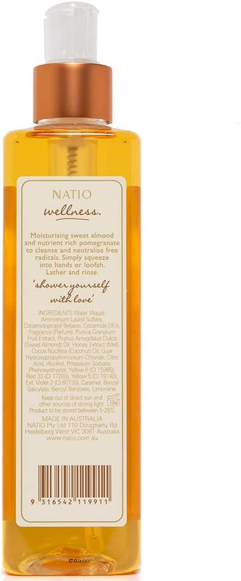 Australia Wellness Shower & Bath Gel 275Ml - Pomegranate, Sweet Almond, Honey & Coconut Body Wash - Hydrating, Cleansing & Replenishing - Made in Australia