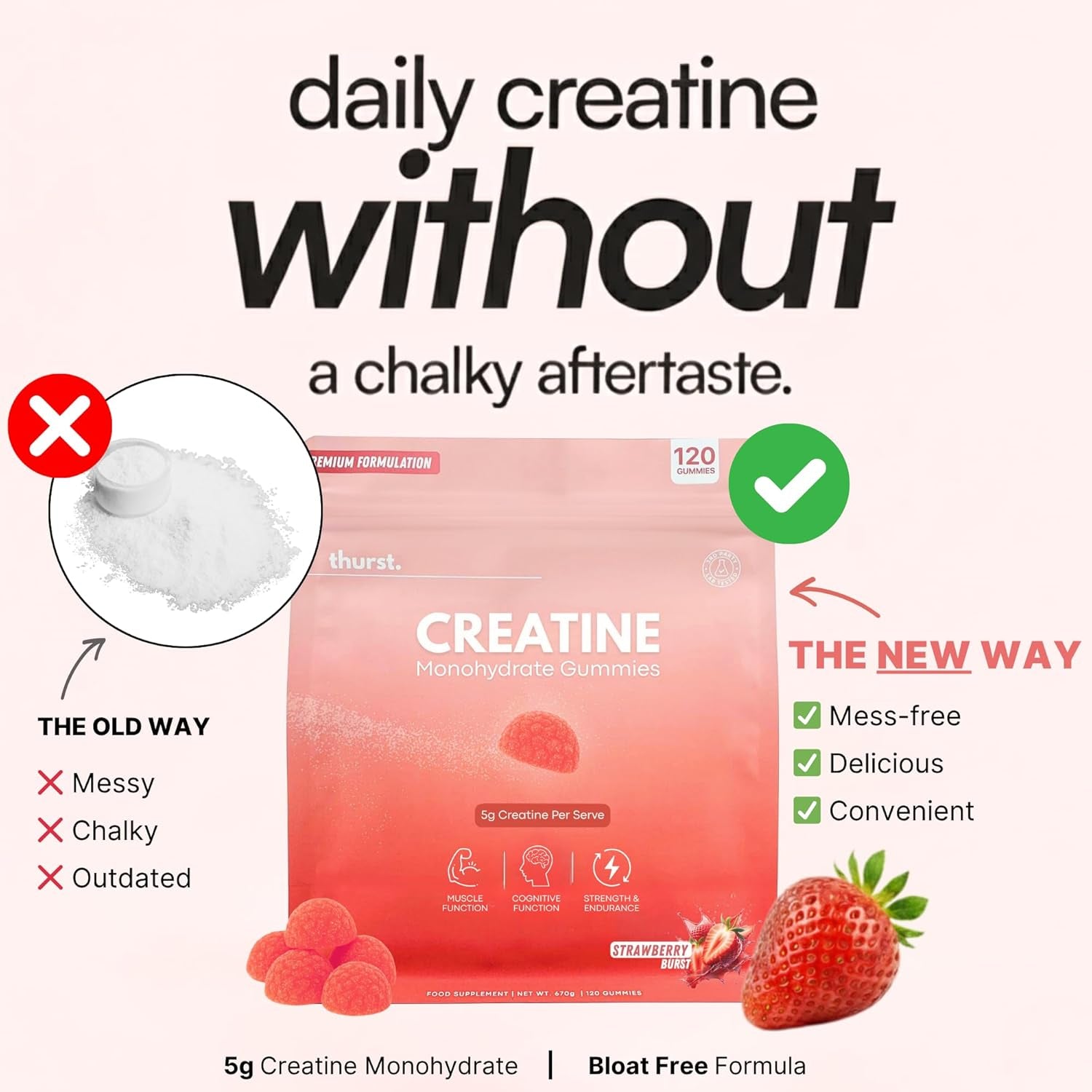 Creatine Monohydrate Gummies for Men & Women, 5G Creatine per Serving | Enhanced Muscle Growth, Strength, Focus and Recovery, Low Calorie, Sugar Free, No Artificial Colours - Strawberry Burst Flavour 120 Gummies