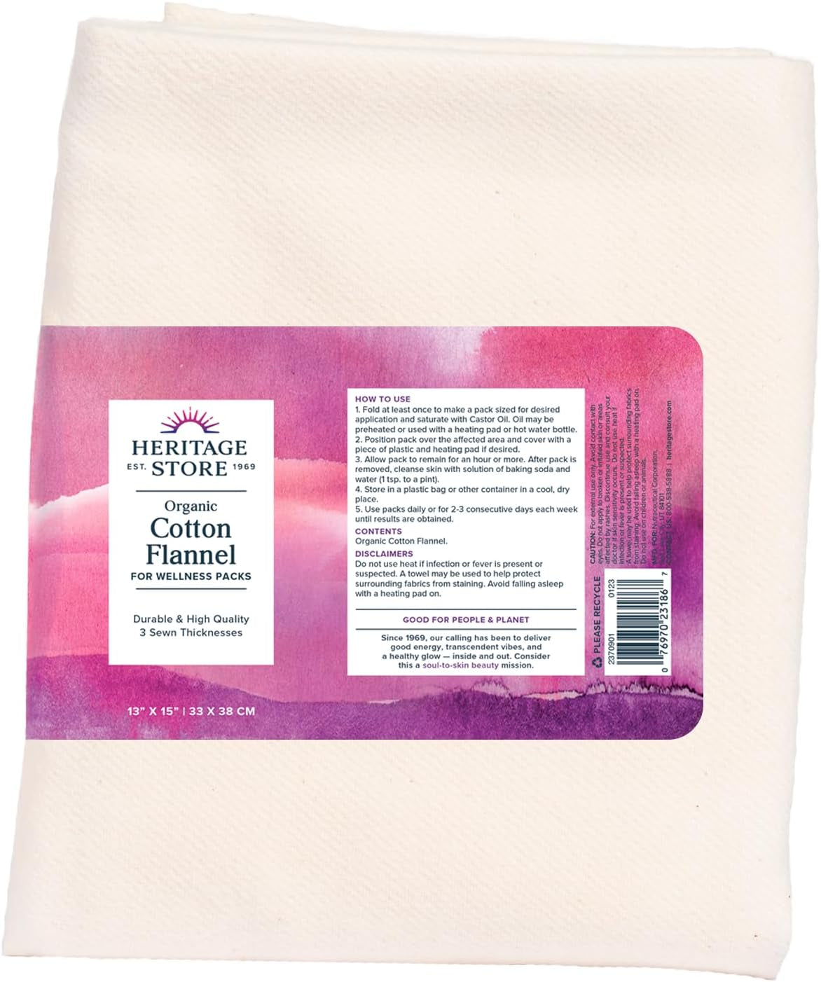 Organic Cotton Flannel - Castor Oil Pack Wrap - Reusable Organic Cotton Flannel Fabric for Castor Oil Packs - Castor Oil Compress for Abdomen and Joints, 60-Day Guarantee, 13 X 15 In