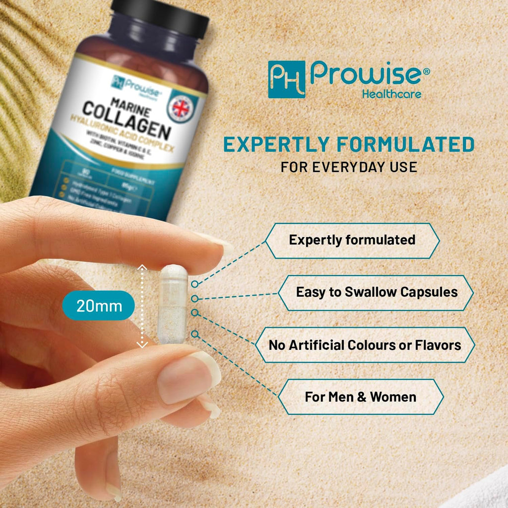 Marine Collagen with Hyaluronic Acid 1100Mg - 90 Capsules Boosted with Hyaluronic Acid, Vitamins C, E, B2, Biotin, Copper, Zinc and Iodine | for Women and Men | Made in the UK by Prowise Healthcare