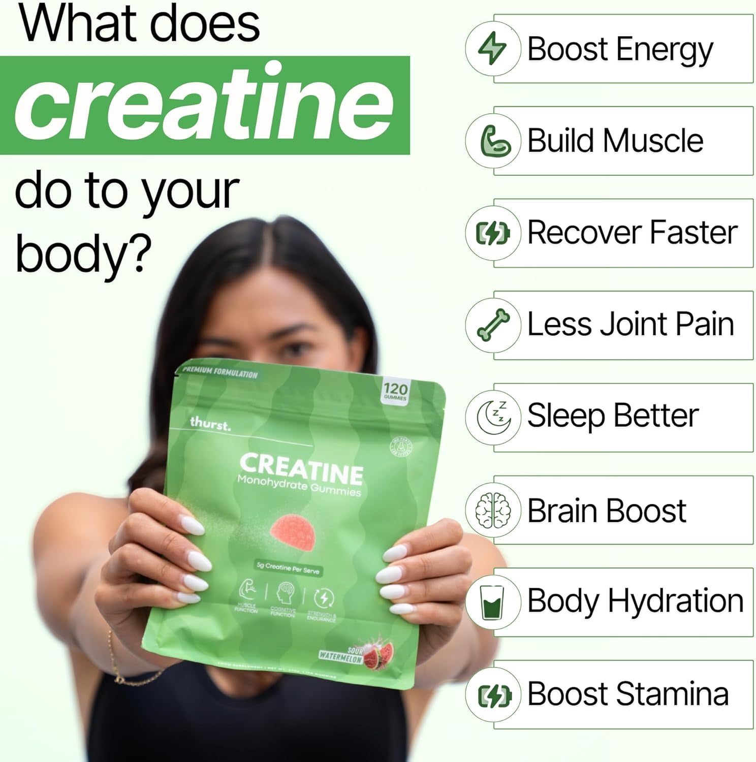 Creatine Monohydrate Gummies for Men & Women, 5G Creatine per Serving | Enhanced Muscle Growth, Strength, Focus and Recovery, Low Calorie, Sugar Free, No Artificial Colours - 120 Gummies (Sour Watermelon)