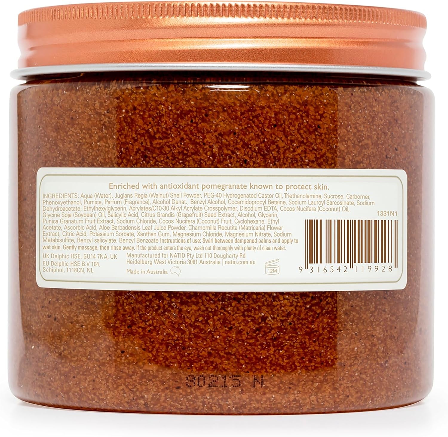 Australia Wellness Body Scrub 450G - Antioxidant Pomegranate Body Exfoliator - Walnut, Pomegranate, Coconut& Pumice Exfoliant - Microbead Free - Made in Australia