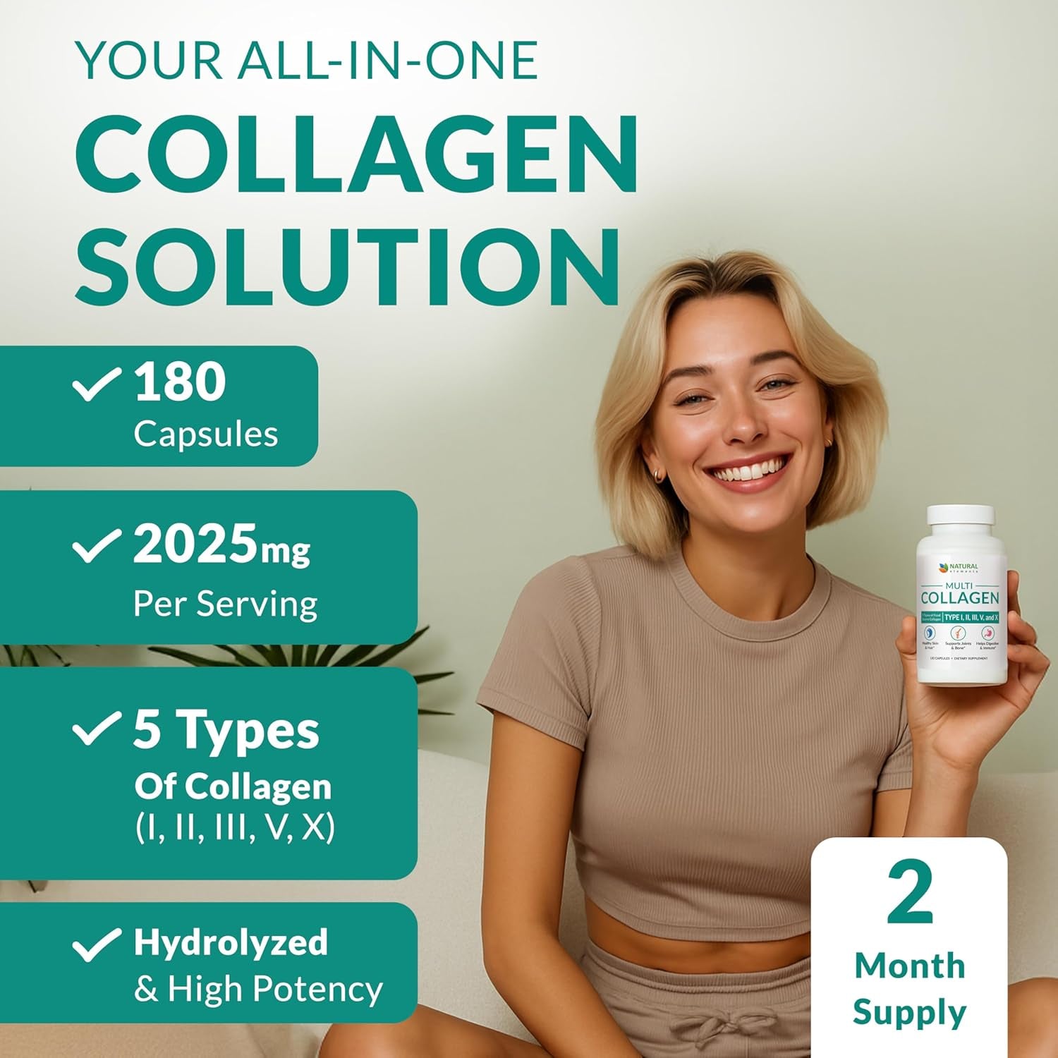 Multi Collagen Protein Capsules - 180 Collagen Capsules - Type I, II, III, V, X Collagen Pills - Proprietary Blend of Eggshell, Chicken, Wild Fish & Grass-Fed Beef Collagen Peptides - 2025Mg per Serv