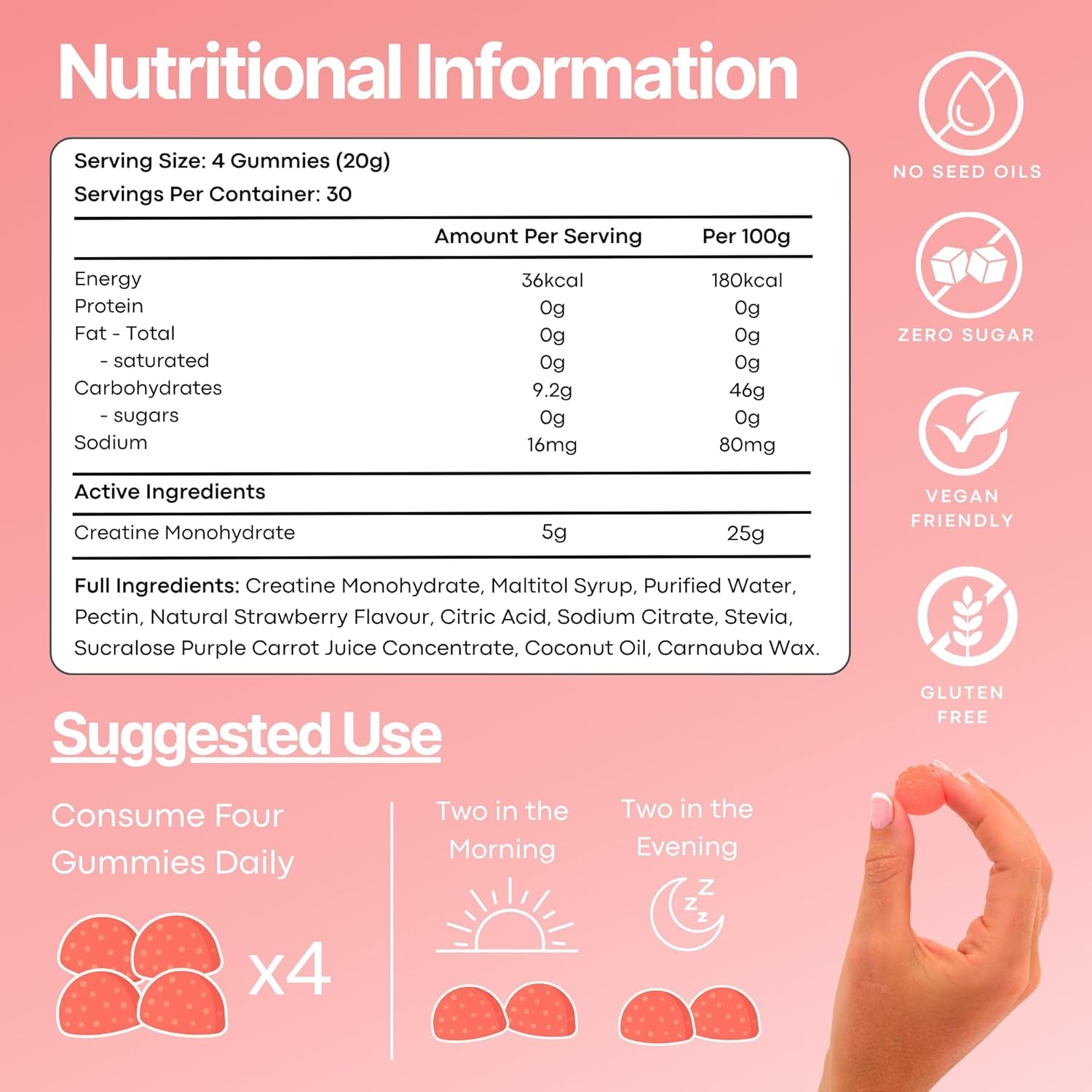 Creatine Monohydrate Gummies for Men & Women, 5G Creatine per Serving | Enhanced Muscle Growth, Strength, Focus and Recovery, Low Calorie, Sugar Free, No Artificial Colours - Strawberry Burst Flavour 120 Gummies