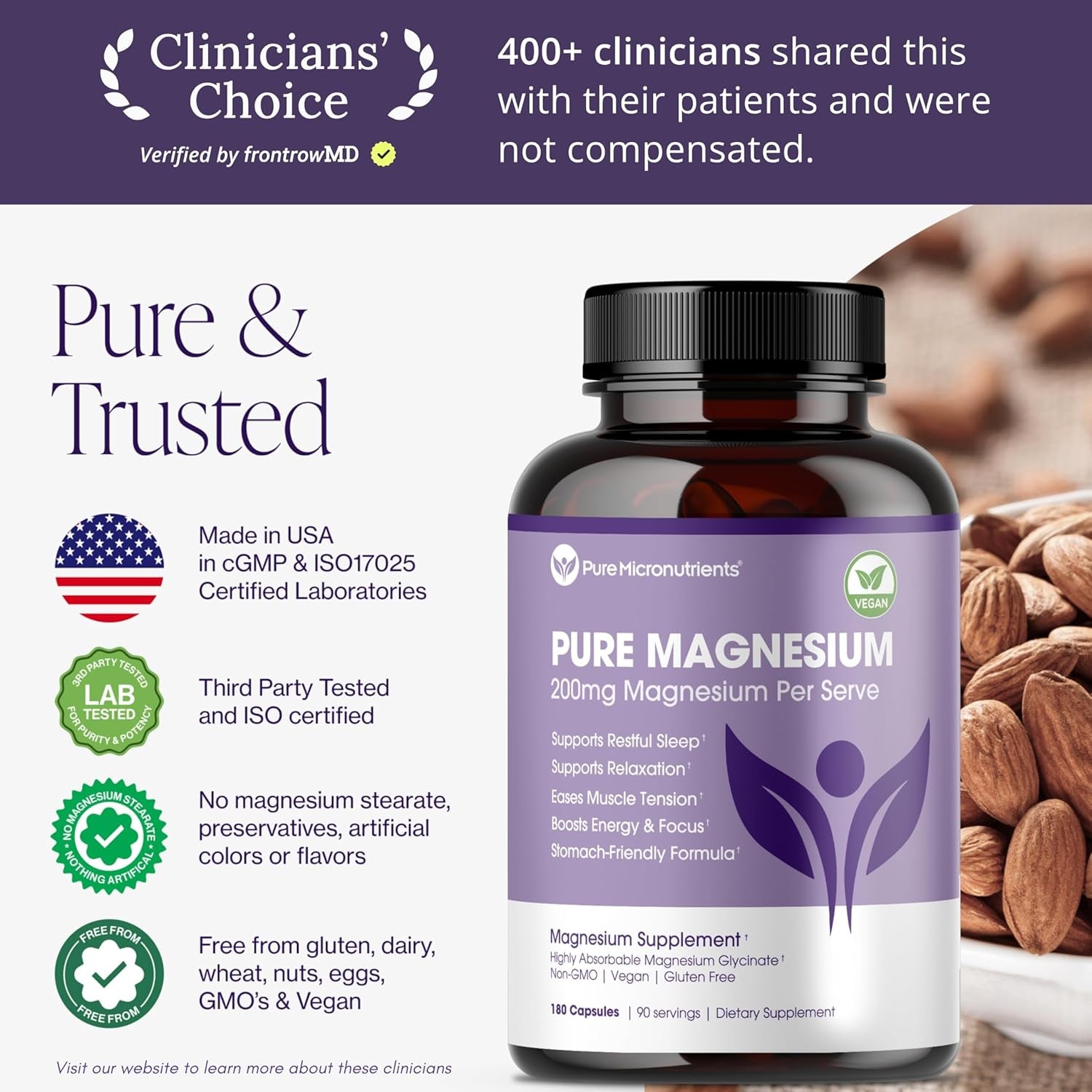 Magnesium Glycinate Supplement (Chelated) 200Mg, 180 Count