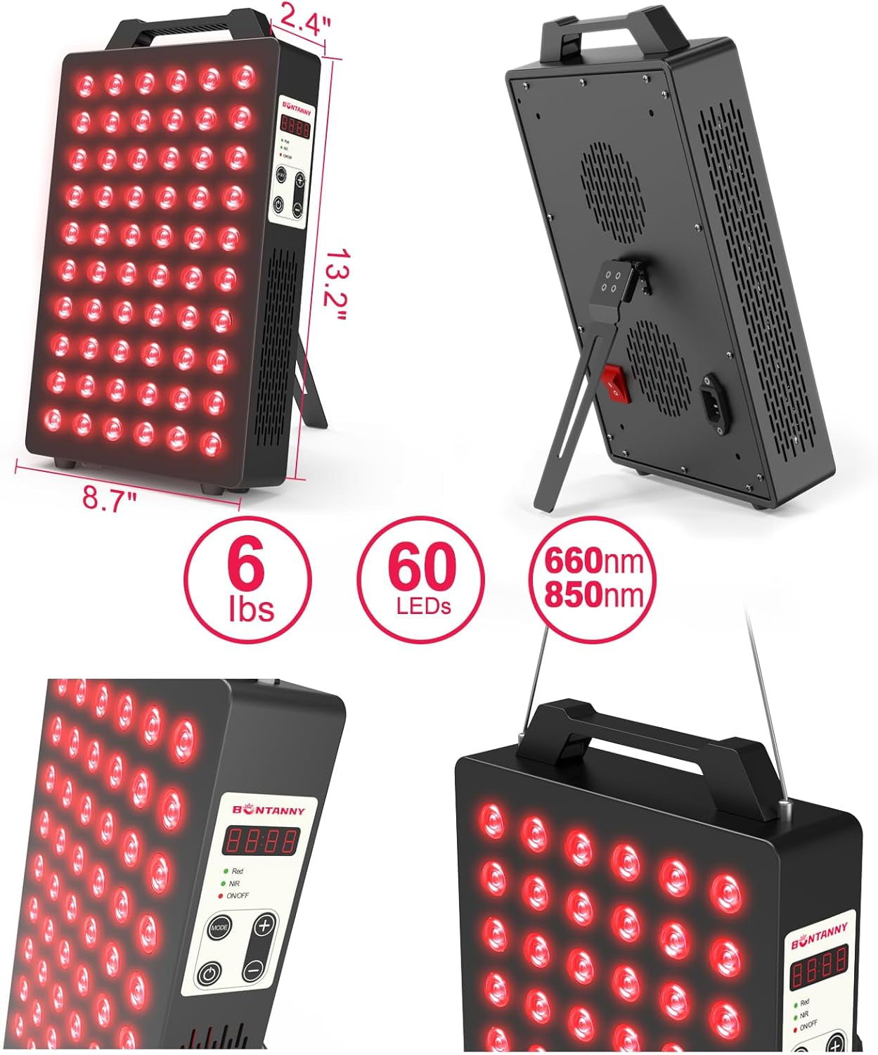 Red Light Device, 660Nm 850Nm Red Light Panel with 60 Pcs Dual Chips Leds, Timer, Hanging Kit & Adjustable Stand for Home Office & Gym, BO-300 (Black)