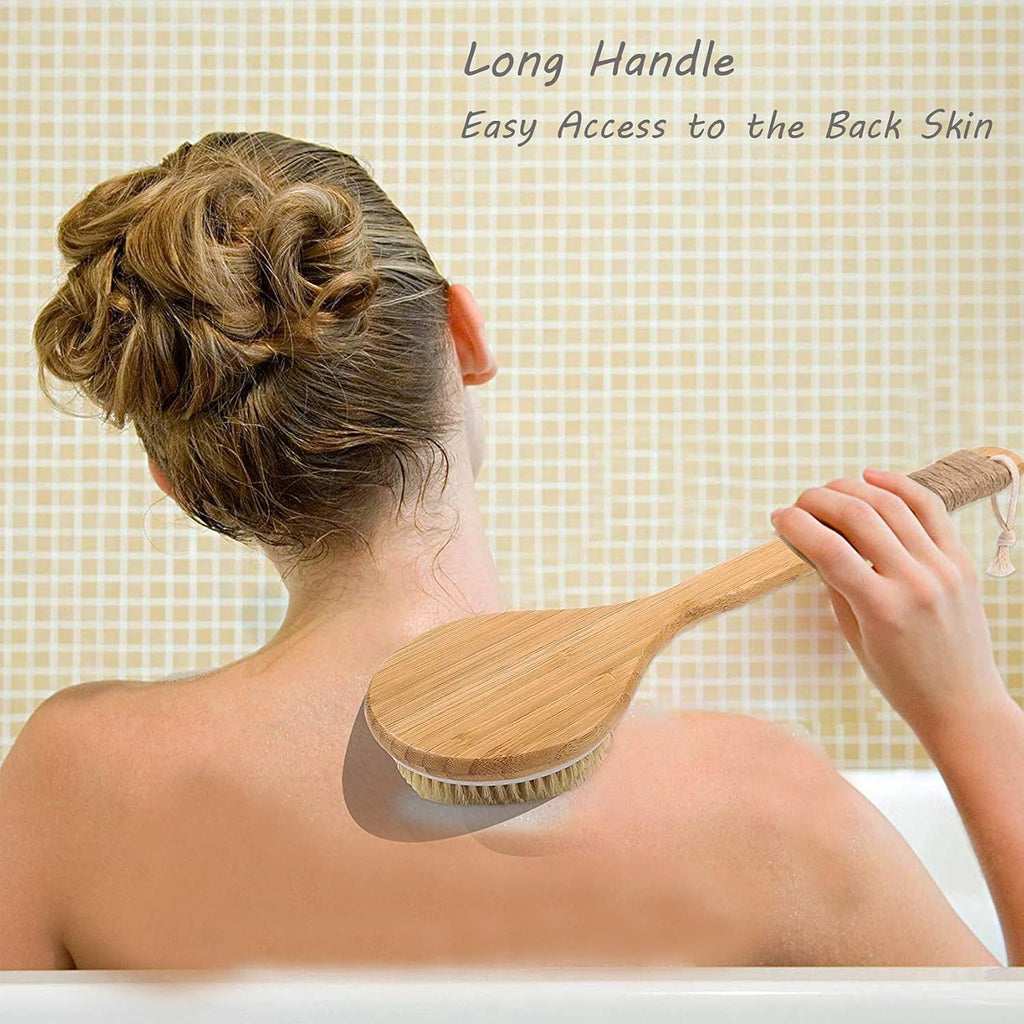 Bath Body Brush for Dry or Wet Brushing, Set of 2 with 2 Wall Hooks, Natural Bristle Hair Shower Back Brush, Exfoliation, Improve Lymphatic, Stimulate Blood Circulation, Eliminate Fat and Toxins