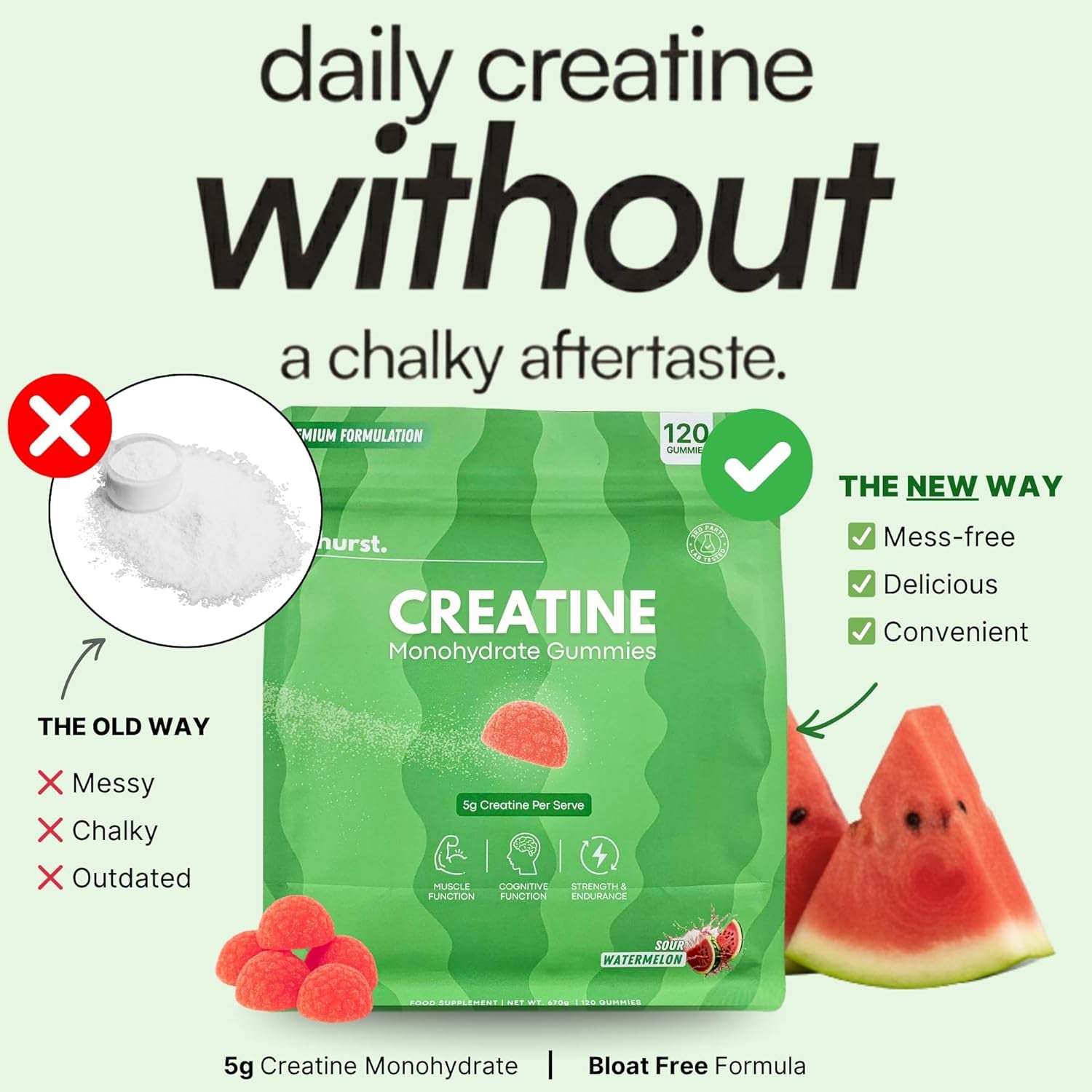 Creatine Monohydrate Gummies for Men & Women, 5G Creatine per Serving | Enhanced Muscle Growth, Strength, Focus and Recovery, Low Calorie, Sugar Free, No Artificial Colours - 120 Gummies (Sour Watermelon)