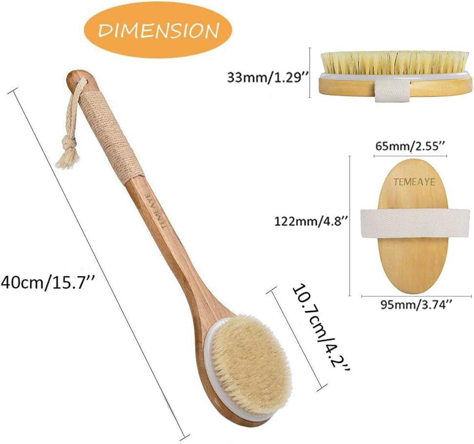 Bath Body Brush for Dry or Wet Brushing, Set of 2 with 2 Wall Hooks, Natural Bristle Hair Shower Back Brush, Exfoliation, Improve Lymphatic, Stimulate Blood Circulation, Eliminate Fat and Toxins