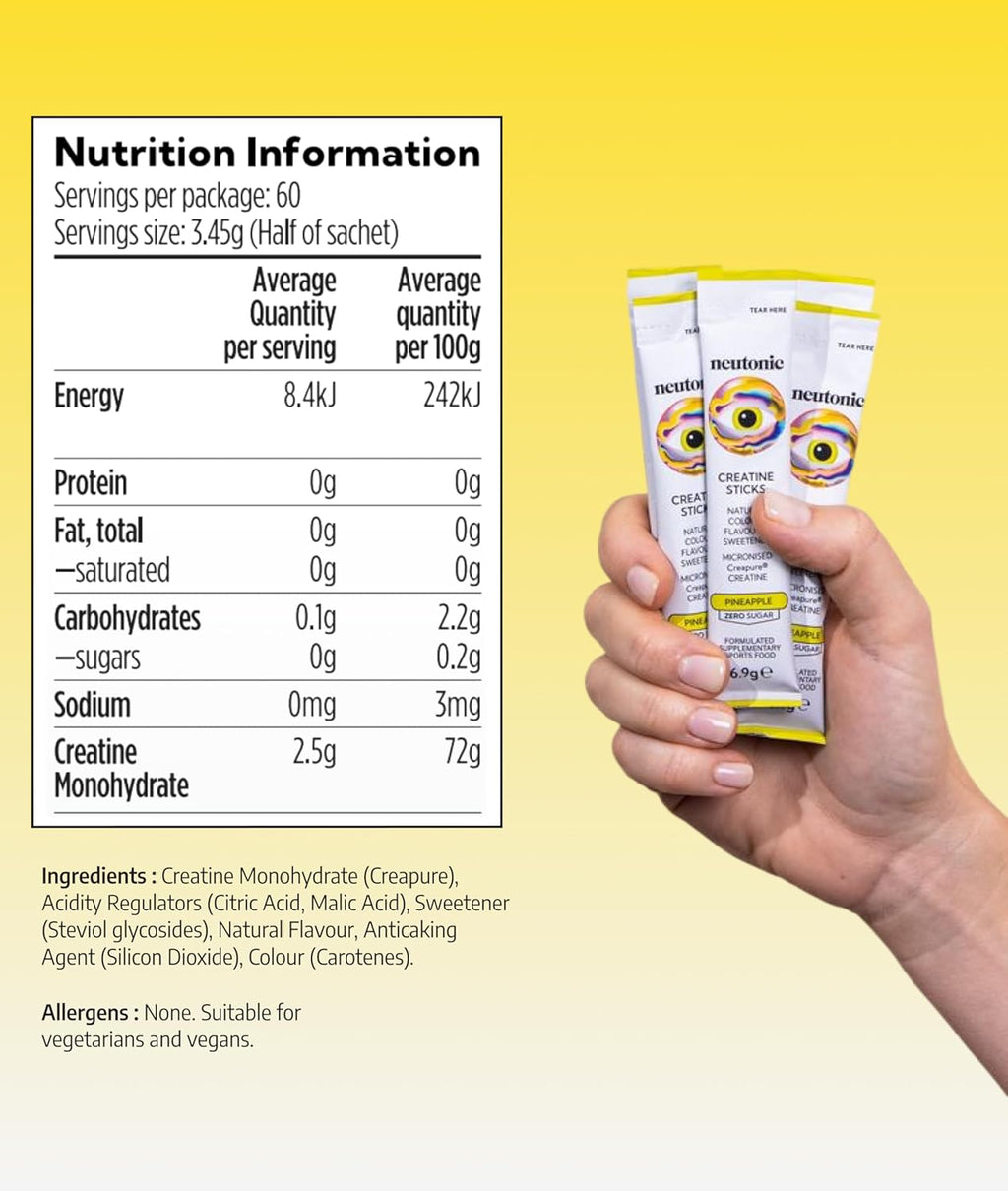 Creatine Monohydrate Sticks | Pineapple Flavoured | 30 Sticks | Premium Micronised Creapure Creatine Powder | Zero Sugar, Vegan | Convenient Travel Packets
