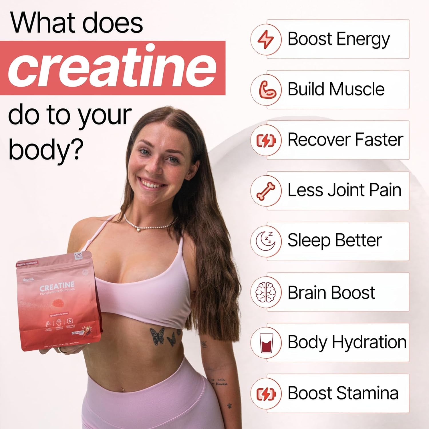 Creatine Monohydrate Gummies for Men & Women, 5G Creatine per Serving | Enhanced Muscle Growth, Strength, Focus and Recovery, Low Calorie, Sugar Free, No Artificial Colours - Strawberry Burst Flavour 120 Gummies