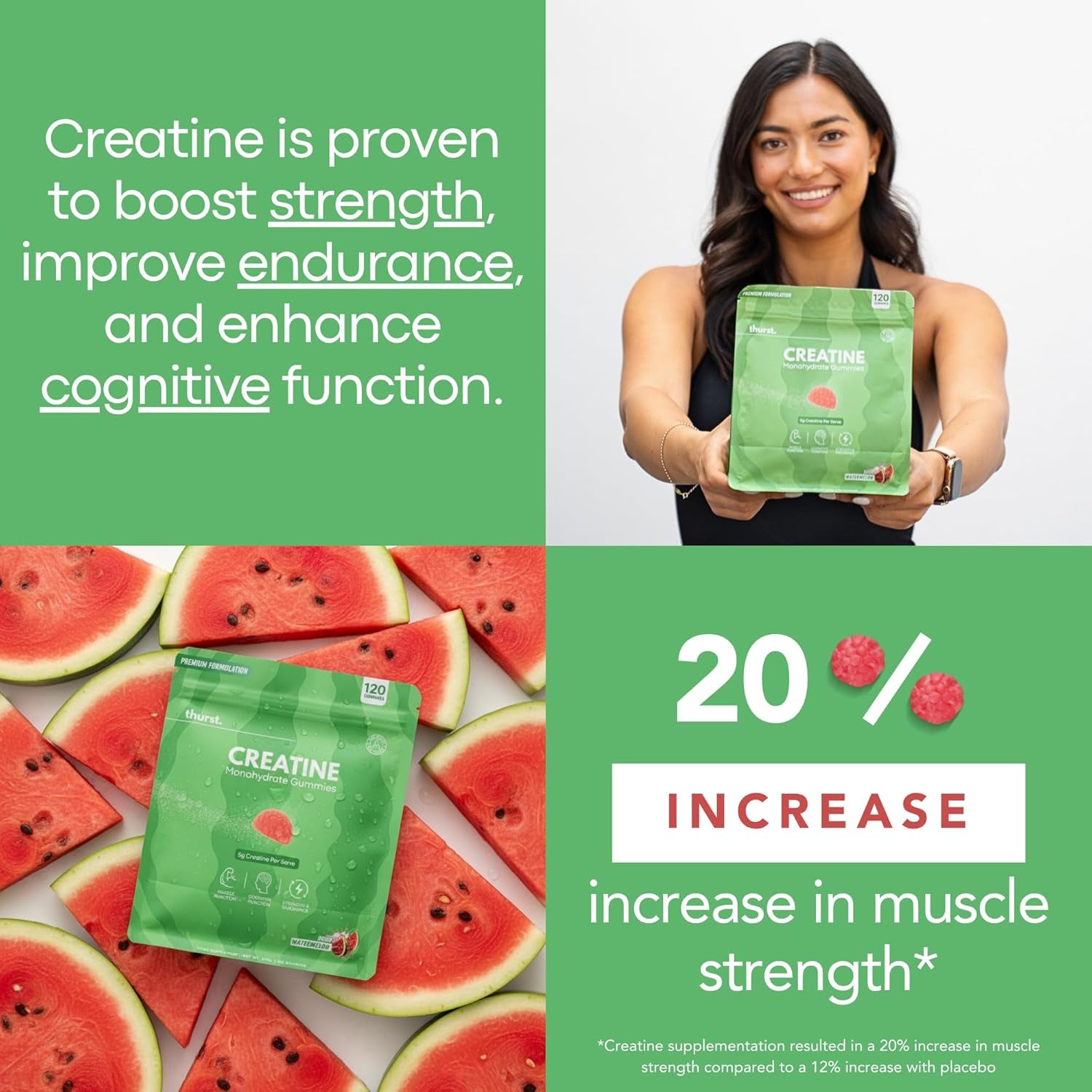 Creatine Monohydrate Gummies for Men & Women, 5G Creatine per Serving | Enhanced Muscle Growth, Strength, Focus and Recovery, Low Calorie, Sugar Free, No Artificial Colours - 120 Gummies (Sour Watermelon)