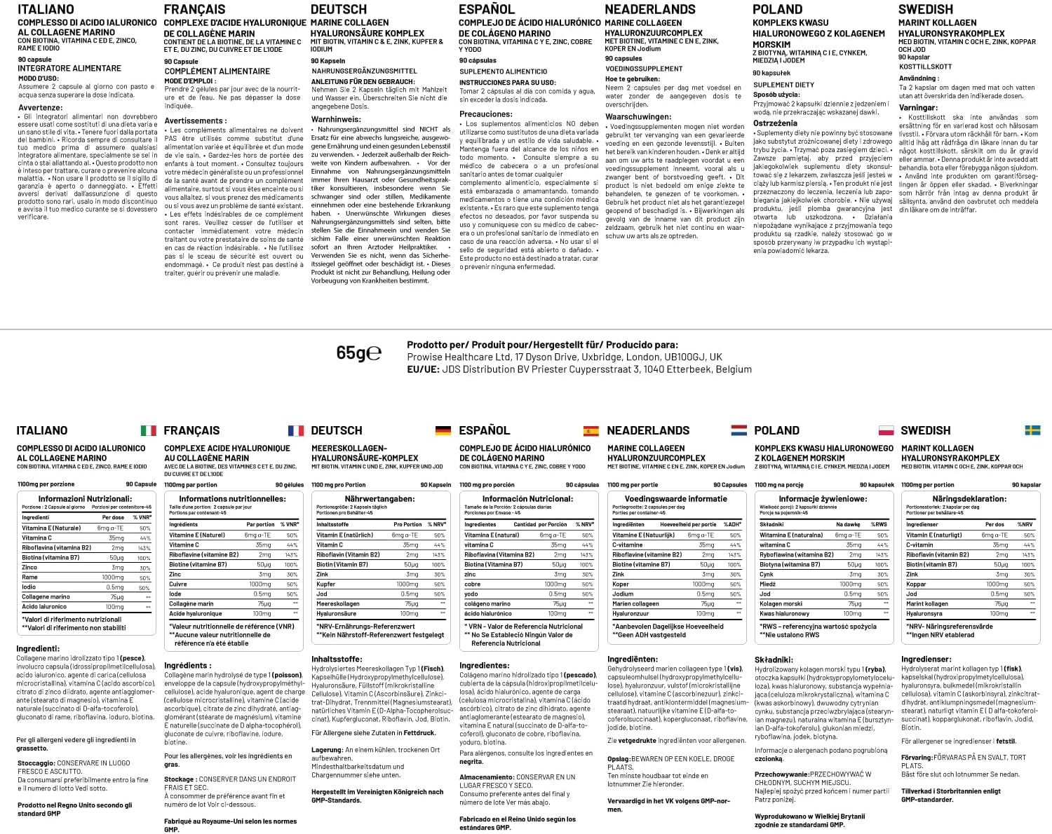 Marine Collagen with Hyaluronic Acid 1100Mg - 90 Capsules Boosted with Hyaluronic Acid, Vitamins C, E, B2, Biotin, Copper, Zinc and Iodine | for Women and Men | Made in the UK by Prowise Healthcare